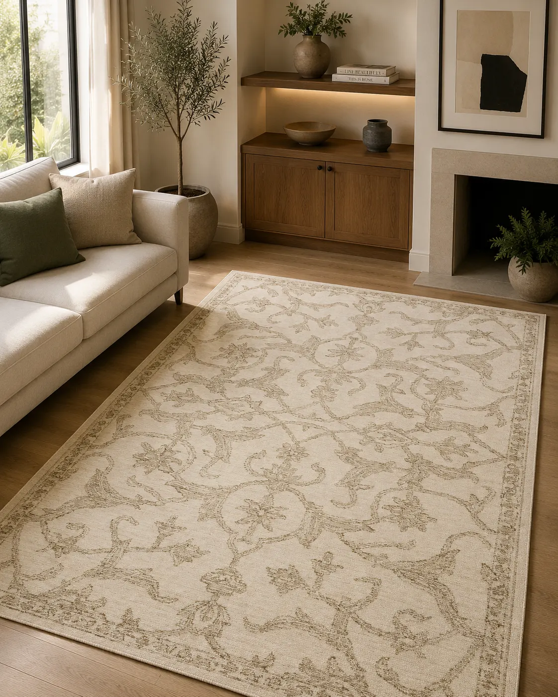 Ornate Ivory Hand Tufted Woolen Rug