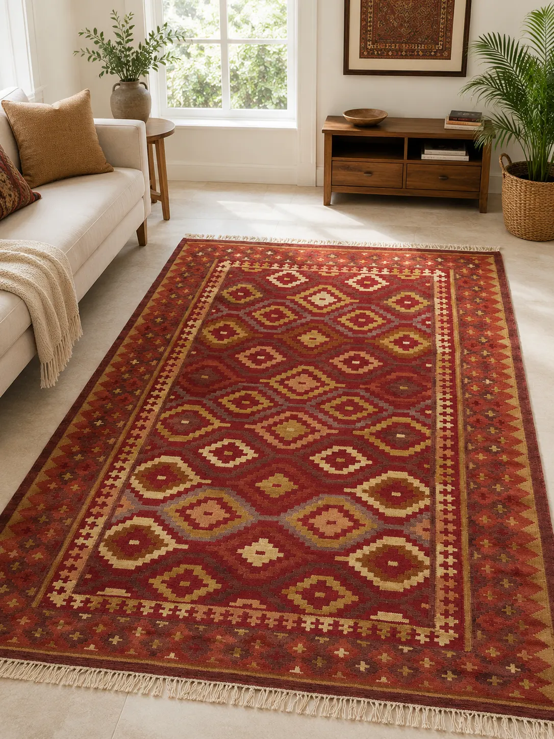 Red Vintage Diamond Mosaic Hand Woven Woolen Kilim